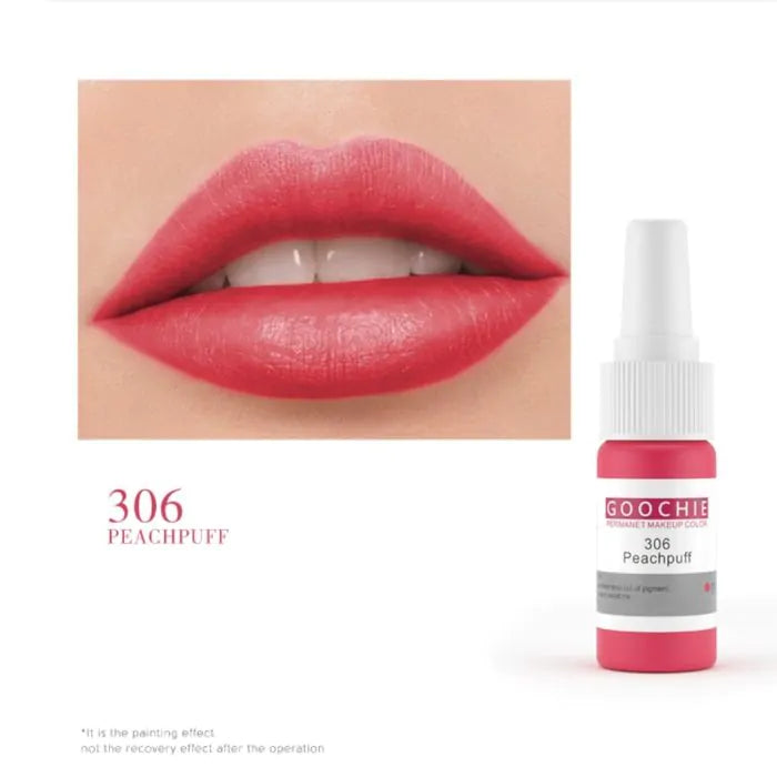 Close up of lips stained with Goochie Peachpuff 306 pigment alongside the pigment bottle.