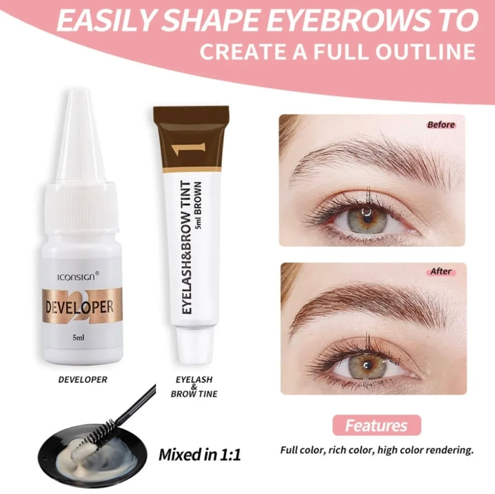 Close-up of ICONSIGN Eyelash & Brow Tint and Developer alongside a brush, with before and after images showing the difference achieved in eyebrow shaping.