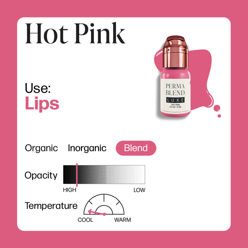 Close-up of Permablend Luxe Hot Pink lip pigment 15ml, perfect for permanent makeup enthusiasts.