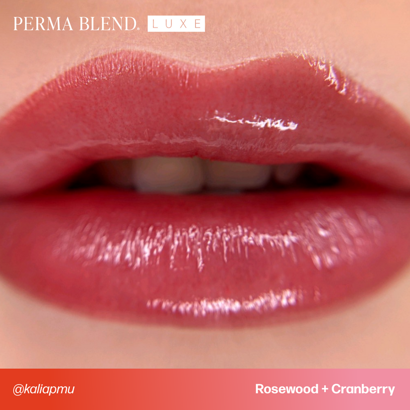 Shelf display of Permablend LUXE Cranberry pigment among other makeup products, perfect for permanent makeup.