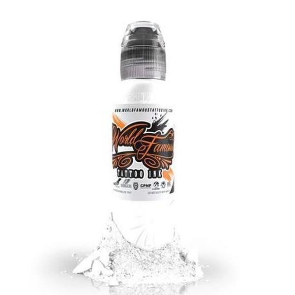Display of WORLD FAMOUS White House 15ml Tattoo Ink, vegan-friendly and formulated for quick healing, perfect for professional tattoo artists.