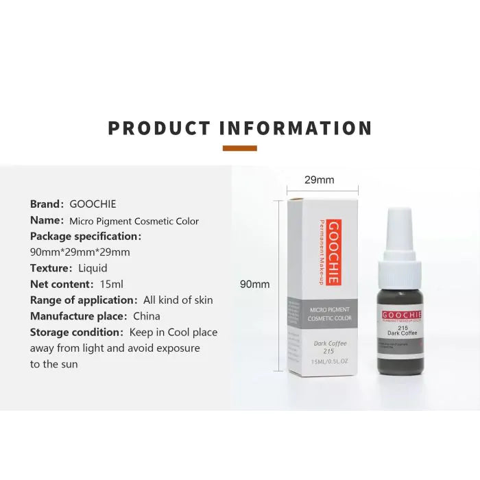 Product information card displaying details of the Goochie micro pigment in Dark Coffee, emphasizing versatility.