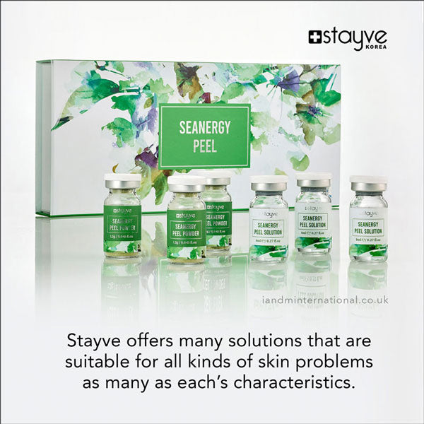 Image of Stayve Seanergy Peel products with various ampoules displayed beside a box, emphasizing the skincare solutions for diverse skin issues.