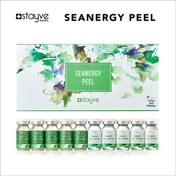 Stayve Seanergy Peel Kit showcasing ampoules and solutions designed for skin treatment, highlighting the brand's natural ingredients on the packaging.