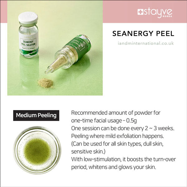 Informative chart comparing mild, medium, and strong peeling options in the Stayve Seanergy line, detailing recommended usage and benefits.