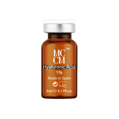 Close-up of the MCCM Hyaluronic Acid 1% vial showing the product name and specifications, emphasizing its hydrating properties for skin restoration.