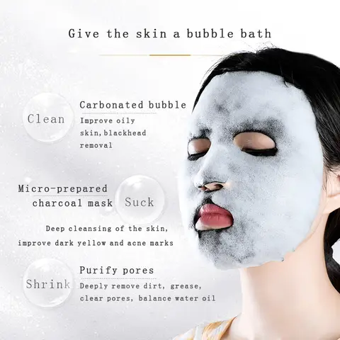 Flat lay of SAMANLI Bubble mask packaging and ingredients highlighting its skincare benefits.