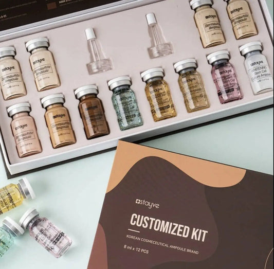 A packaged Stayve Bb Glow Customized Kit showcasing 12 ampoules of varying shades and boosters suitable for BB Glow treatments. Ideal for skincare enthusiasts looking to enhance their radiance with this Korean BB Glow kit, featuring products like the Stayve BB Glow Exfoliating Gel and the Stayve BB Glow kit.