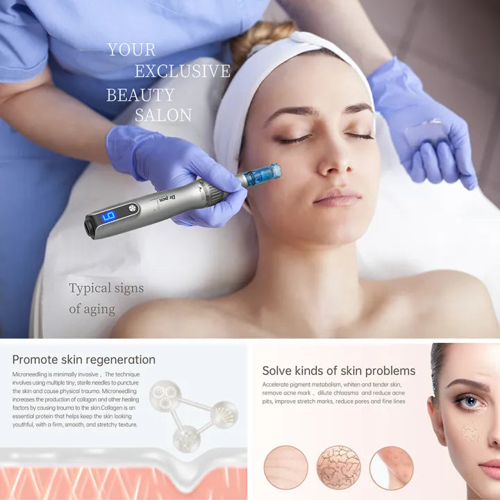 Feature illustration of the Dr. Pen M8S Microneedling Pen with key characteristics such as adjustable speed and needle depth for effective treatments.