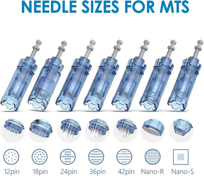 Different needle sizes, including the 12 Pin Dr.pen A11, displayed with clear labels, illustrating the depth and application for various skin concerns.