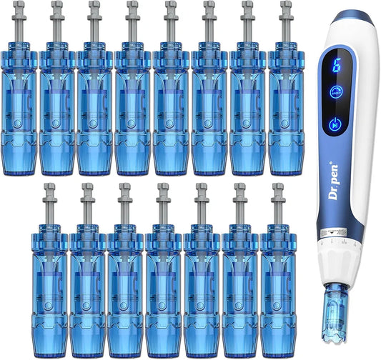 A collection of 12 Pin Dr.pen A11 microneedling cartridges and device, showcasing their sleek blue design, ideal for skin treatments.