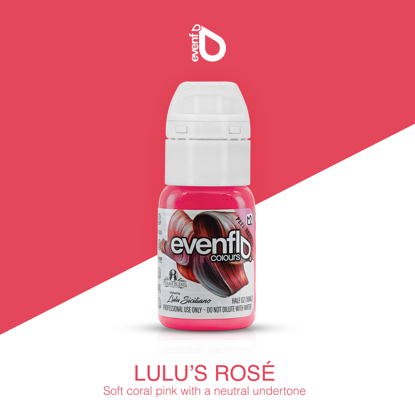 Evenflo Lulu's Rosé lip product bottle set against a vibrant background, highlighting its coral pink shade with a neutral undertone.