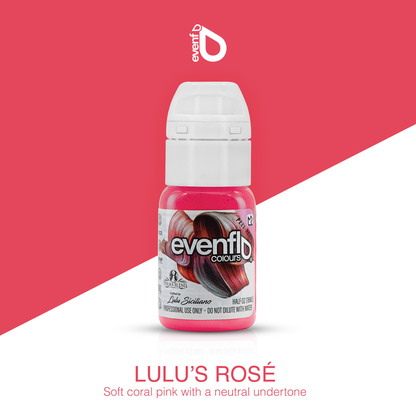 Evenflo Lulu's Rosé lip product bottle set against a vibrant background, highlighting its coral pink shade with a neutral undertone.