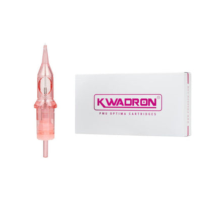 KWADRON PMU Optima cartridge in pink color next to its packaging. Ideal for permanent makeup applications.