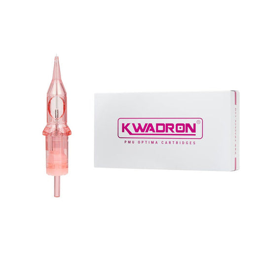 KWADRON PMU Optima cartridge in pink color next to its packaging. Ideal for permanent makeup applications.