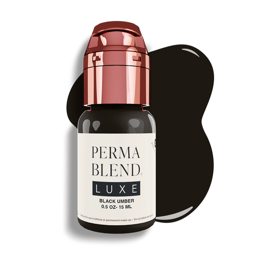 Bottle of PERMABLEND LUXE Black Umber pigment with a dark black paint splash in the background. Perfect for eyebrow or eyeliner application.