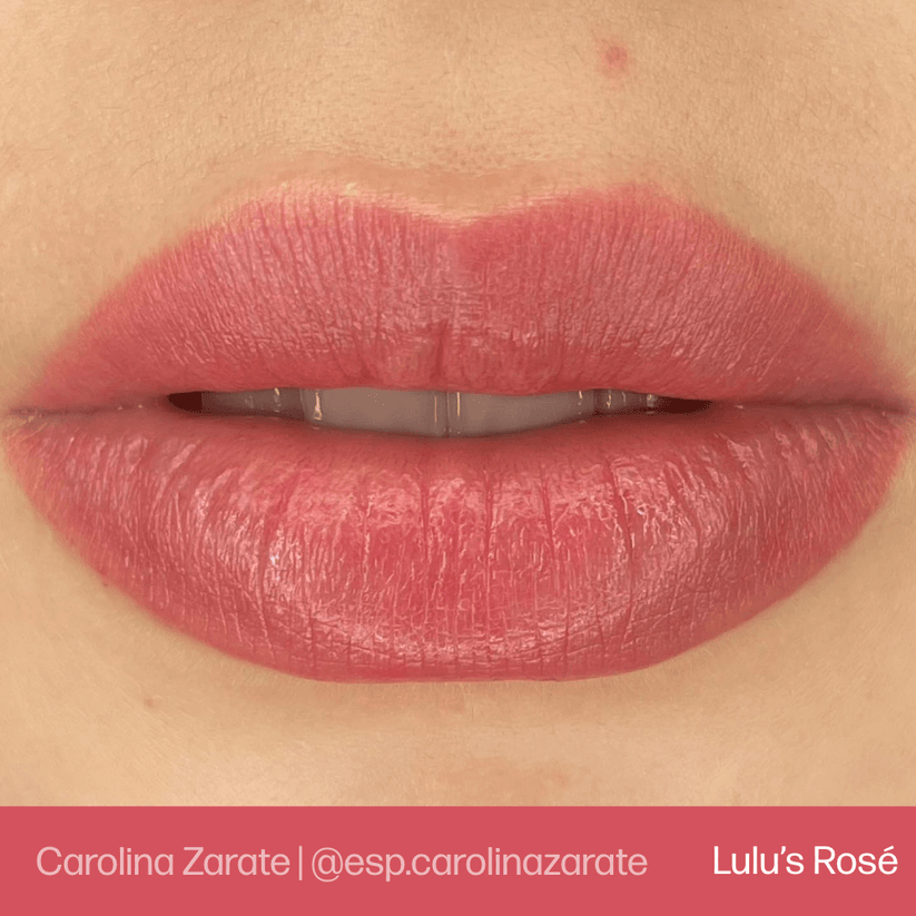 Close-up of lips colored with Evenflo Lulu's Rosé, showcasing a beautiful smooth finish and a natural lip look.