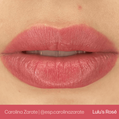 Close-up of lips colored with Evenflo Lulu's Rosé, showcasing a beautiful smooth finish and a natural lip look.