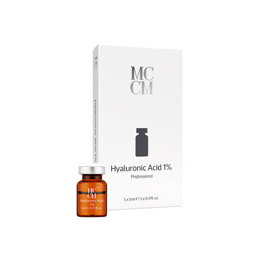 MCCM Hyaluronic Acid 1% packaging featuring a small brown vial next to a white box that highlights the product name. Ideal for professional skincare treatments.