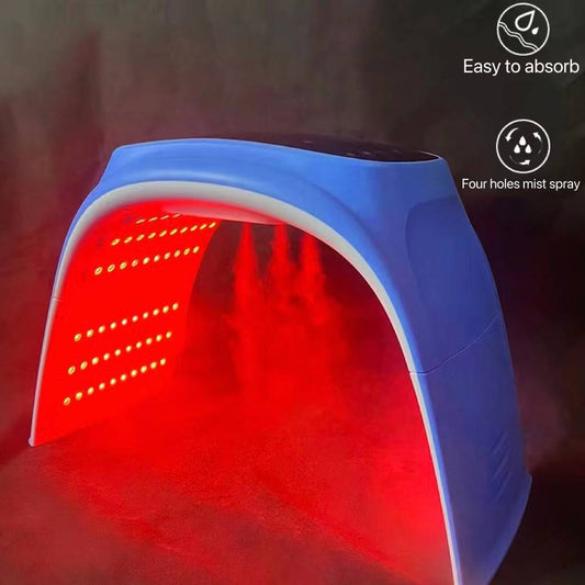 Omega PDT Light device showcasing red LED lights and steam misting feature for skin treatment.