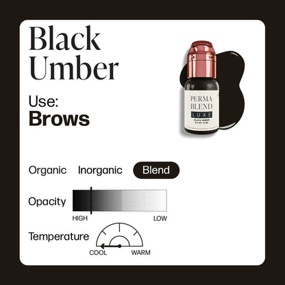 Infographic detailing the characteristics of PERMABLEND LUXE Black Umber, including its use for brows, opacity, and temperature properties.