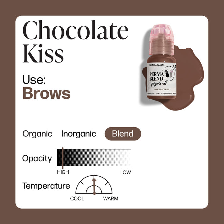 Chocolate Kiss pigment label detailing its use for brows, showing opacity and temperature information with the product bottle image.