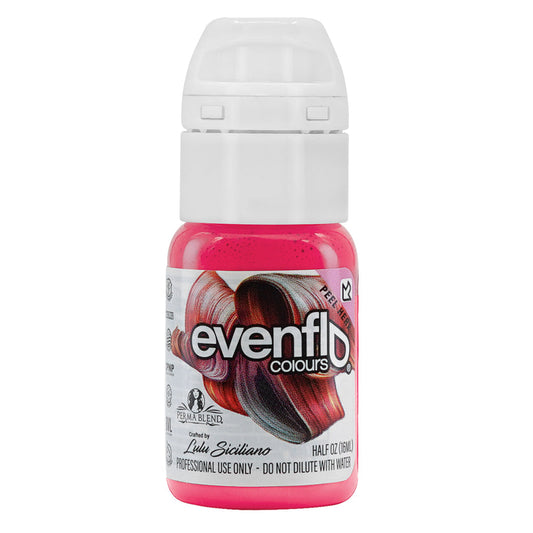 Evenflo Lulu's Rosé lip product in a bottle, showcasing a vibrant pink color with the label 'Evenflo Colours' crafted by Lulu Siciliano.