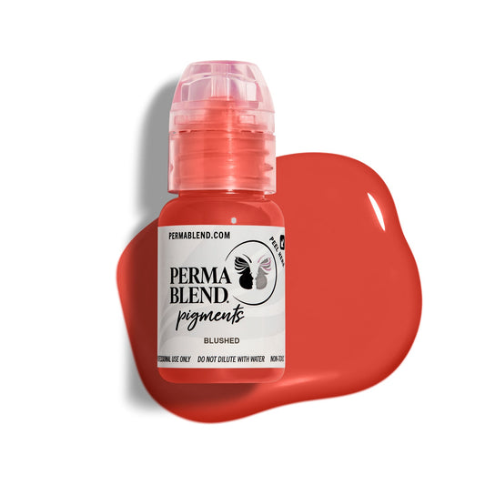Permablend Blushed lip pigment in a bottle with a vibrant muted red color swatch beside it, showcasing its rich pigmentation.