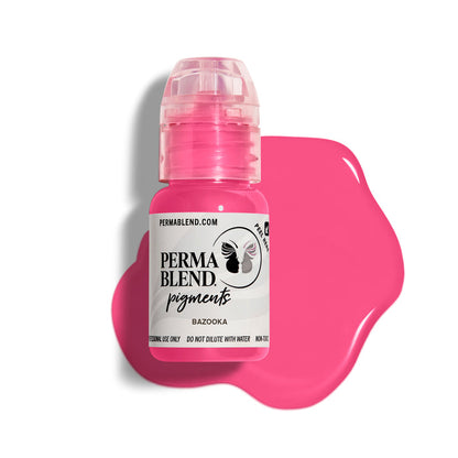 Bottle of Permablend Bazooka pigment with vibrant pink color on a white background.
