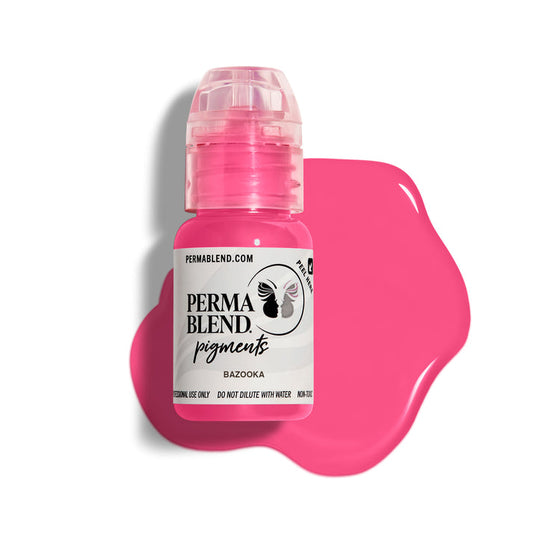Bottle of Permablend Bazooka pigment with vibrant pink color on a white background.
