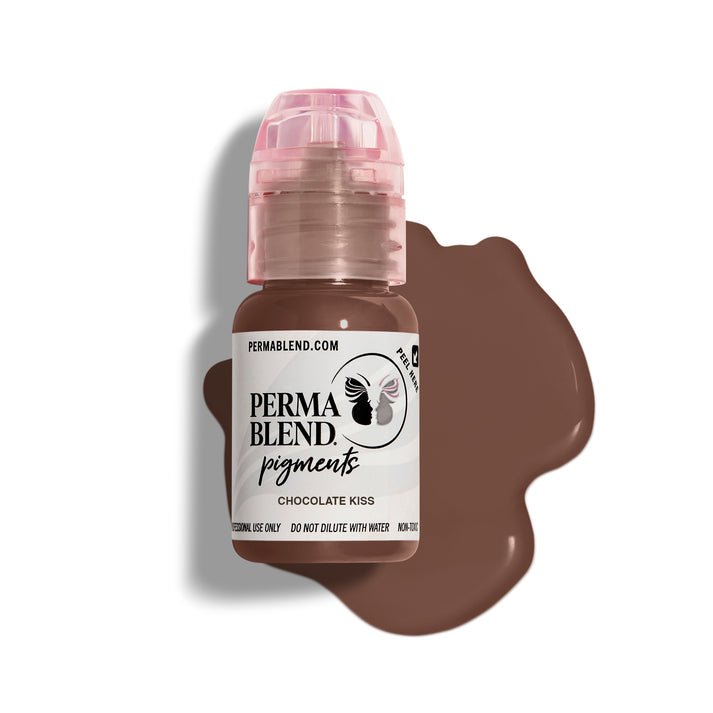 Permablend Chocolate Kiss pigment bottle with a medium brown color swatch beside it, showcasing its rich neutral tone for brow applications.