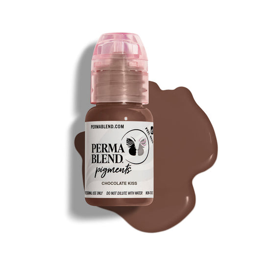Permablend Chocolate Kiss pigment bottle with a medium brown color swatch beside it, showcasing its rich neutral tone for brow applications.