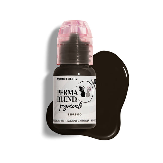 Permablend Espresso 15ml Permanent Makeup Pigment image showcasing dark brown color with cool undertones, perfect for PMU eyebrow applications.