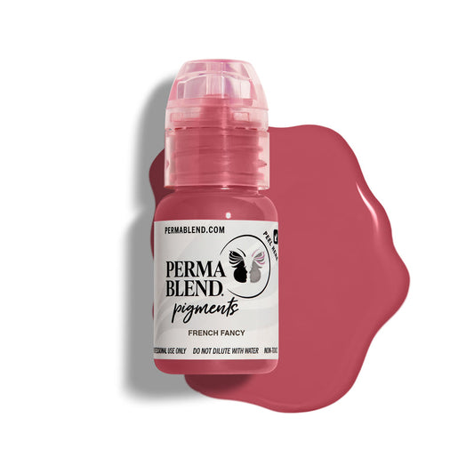 A bottle of Permablend French Fancy lip pigment, 15ml, next to a smear of the muted pink color on a white background.