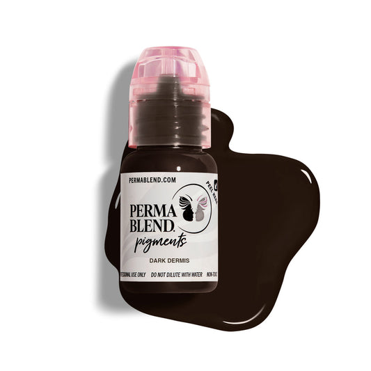 Permablend Dark Dermis pigment bottle against a shadowy background, showcasing its rich dark color and packaging design.