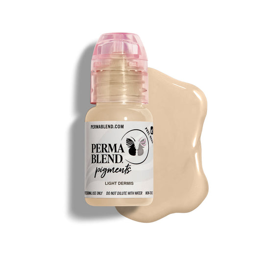 A 15 mL bottle of Permablend Light Dermis pigment with a smooth beige blob beside it, showcasing its texture.