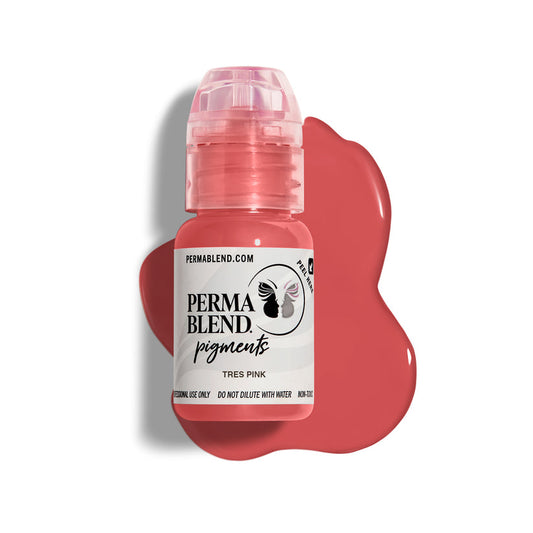 Permablend Tres Pink 15ml pigment bottle with a pink shade splatter, showcasing the highly pigmented earthy pink color of Tres Pink.
