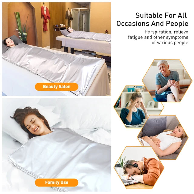 Weight Loss Thermal Sauna Blanket laid out on a bed, showcasing its waterproof feature and versatility as a Heating Blanket.