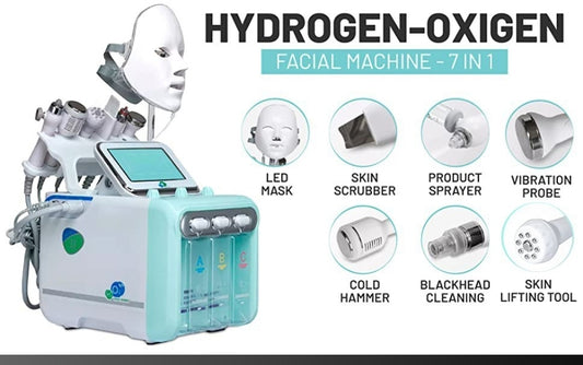 A detailed view of a hydrafacial machine showcasing its various features, including an LED mask and multiple treatment tools for skincare.
