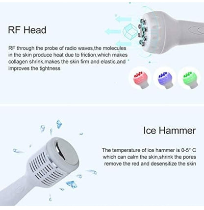 A close-up of the RF head and ice hammer tools associated with the hydrafacial machine, illustrating their skincare benefits.