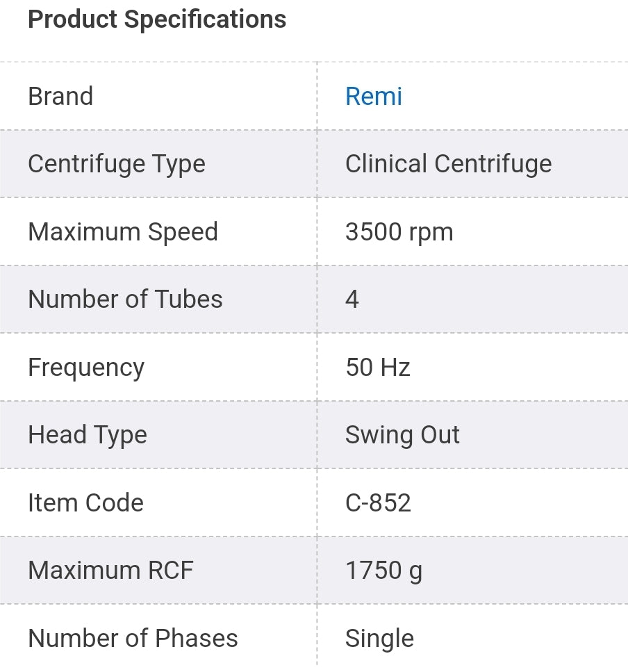 Close-up of the Remi C-852 Laboratory Centrifuge, showcasing its 4x15 ml swing out head and vibration-free performance.
