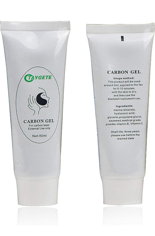 Front and back view of an 80ml tube of carbon gel for skincare, featuring instructions and benefits for external use.