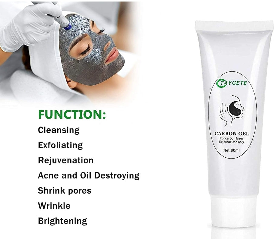 Image showing a person receiving a facial treatment with carbon gel, highlighting the product's functions like cleansing and rejuvenation.