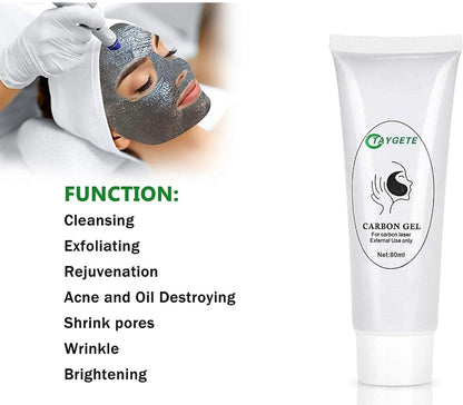 Image showing a person receiving a facial treatment with carbon gel, highlighting the product's functions like cleansing and rejuvenation.