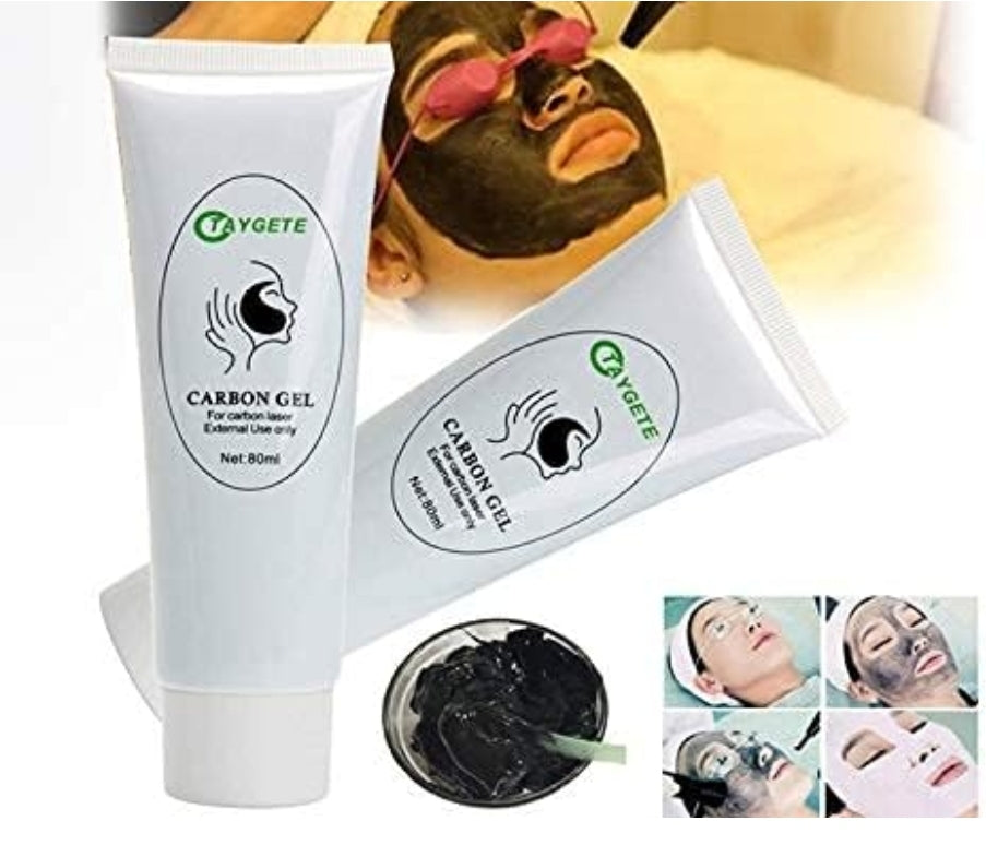 Carbon gel tube alongside images showcasing various stages of a facial treatment, emphasizing the product's deep cleansing effects.