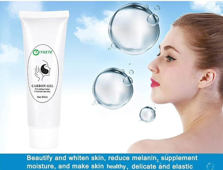 Close-up of an 80ml carbon gel tube with bubbles in the background, illustrating skin health benefits and features like moisturizing and brightening.