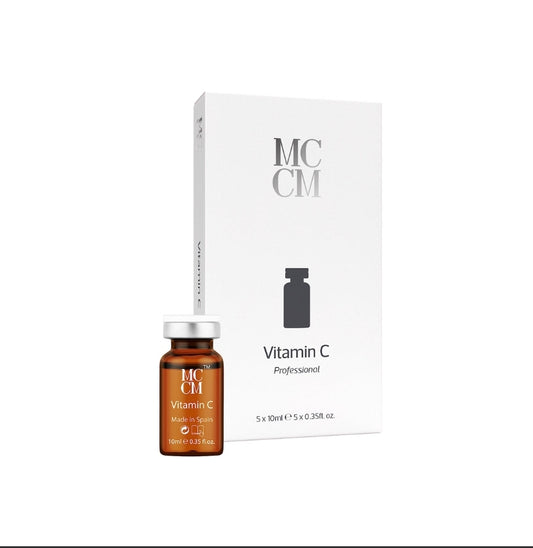 MCCM VITAMIN C serum packaging, featuring a brown vial with a silver cap and a white box labeled 'MCCM Vitamin C Professional.' This image highlights the 5x10ml vitamin C vials, showcasing its revitalizing properties for skin treatments. Ideal for Meso solutions, this vitamin C serum enhances skincare routines with benefits such as collagen activation and skin brightening. Perfect for those looking to incorporate MCCM, Mccm serums, and Mesoelectroportion into their beauty regimen.