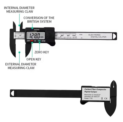 Digital Brow Measuring Tool highlighting its features including zero key and internal/external diameter measuring claws for enhanced accuracy.