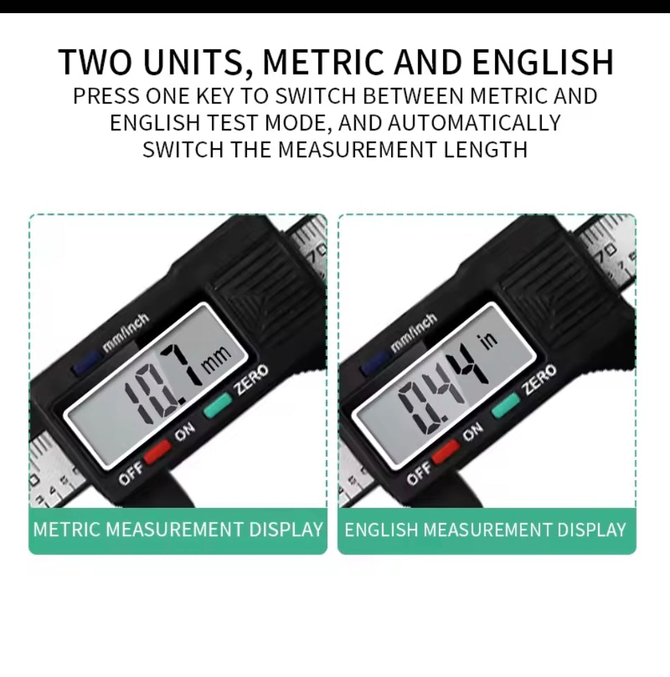 Digital Brow Measuring Tool demonstrating metric and English units side by side, ideal for versatile measuring needs.