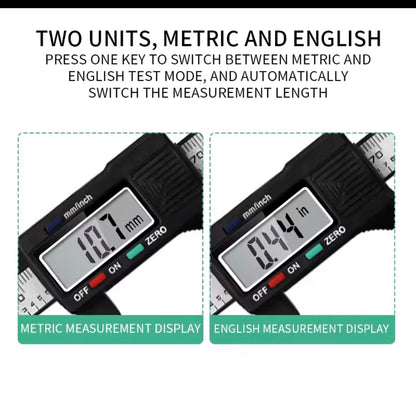 Digital Brow Measuring Tool demonstrating metric and English units side by side, ideal for versatile measuring needs.